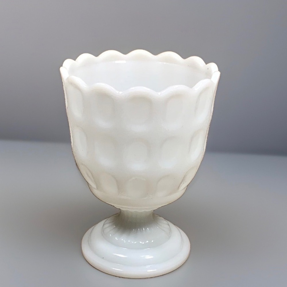 E.O. Brody White Milk Glass Footed Compote Dish Scalloped 1950s Thumbprint Retro